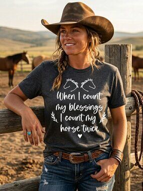 Horse Count My Blessings Twice Shirt Western Equestrian Coastal Cowgirl Grey Tee